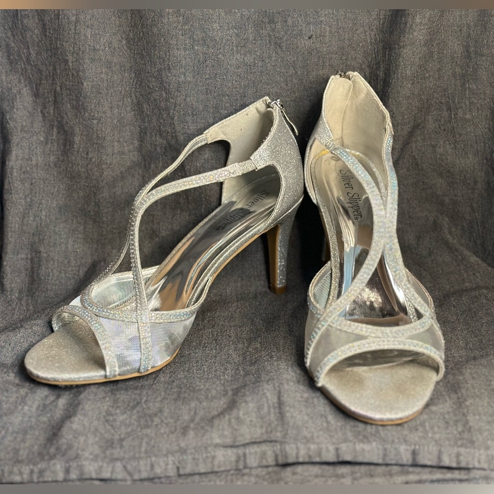 Silver Slipper High Heals women's 8.5 Slip on Sheer Silver Jeweled Opened toe